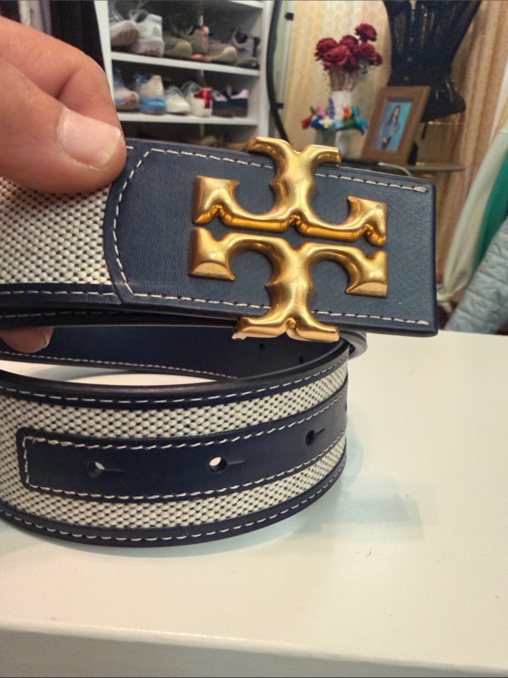 Tory Burch Kira Leather and Canvas Navy Belt with Gold Logo Buckle - Picture 3 of 3